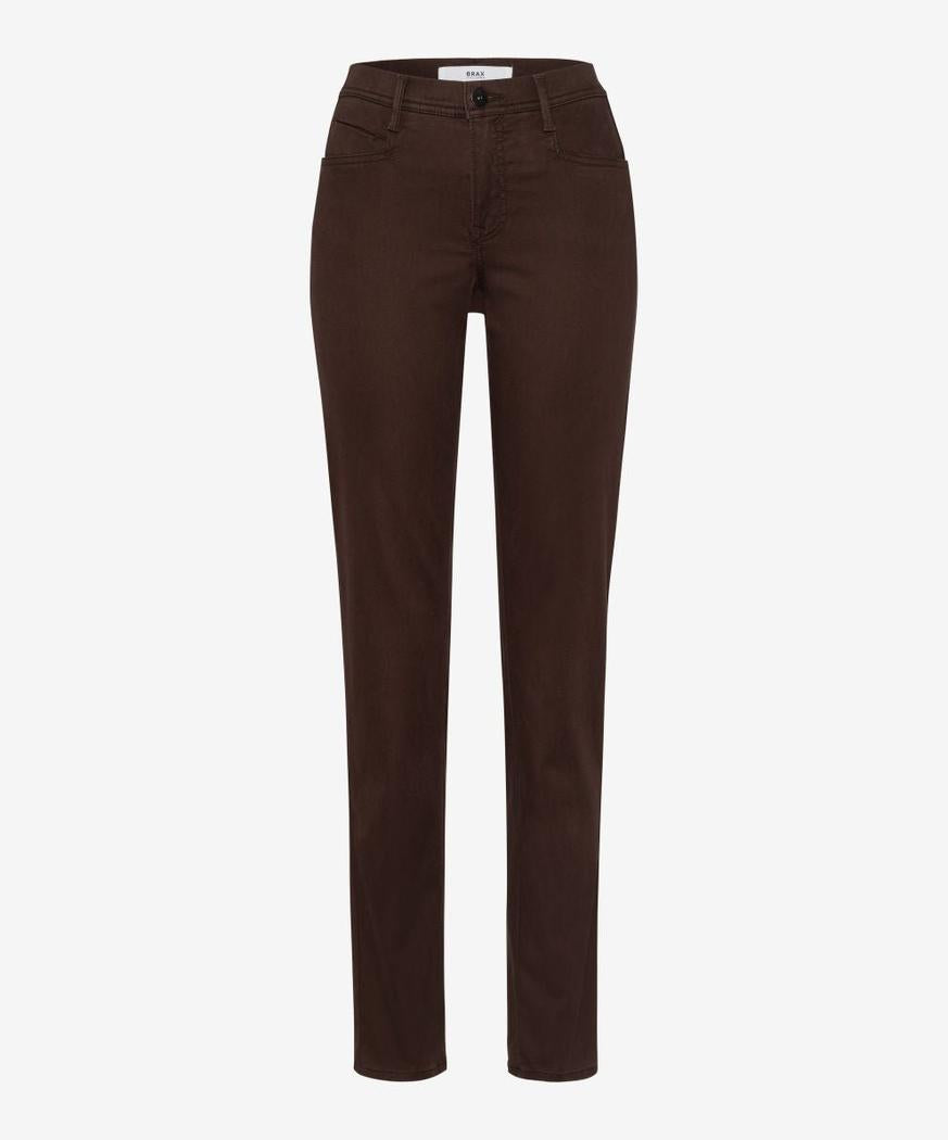Mørkebrune, rette bukser med knapp og glidelås, designet i stretch satengstoff.