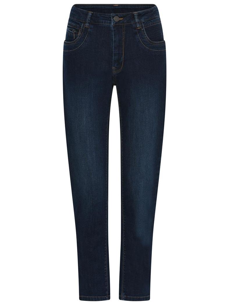 Foran av denim-bukse med fem lommer og knappelukking.