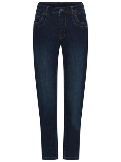 Foran av denim-bukse med fem lommer og knappelukking.