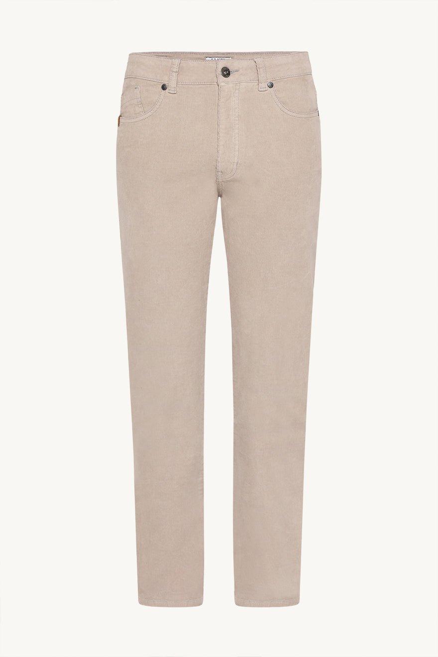 Beige bukser med fem lommer og rett benkutt, laget i et lett stoff.