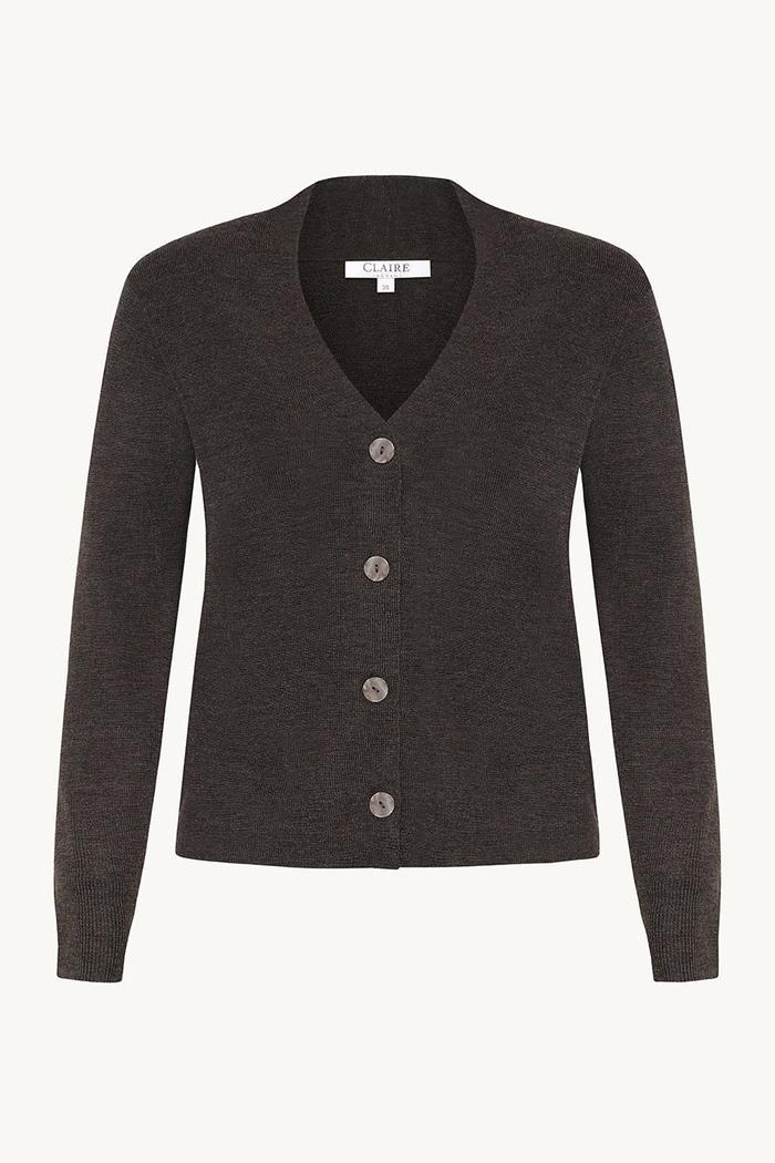Mørk brun cardigan med V-hals, knapper foran og lange ermer.