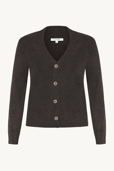 Mørk brun cardigan med V-hals, knapper foran og lange ermer.