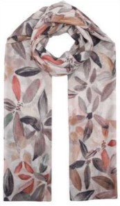 Rektangulært skjerf med blomstermønster og blader i ulike farger, 90x180 cm.