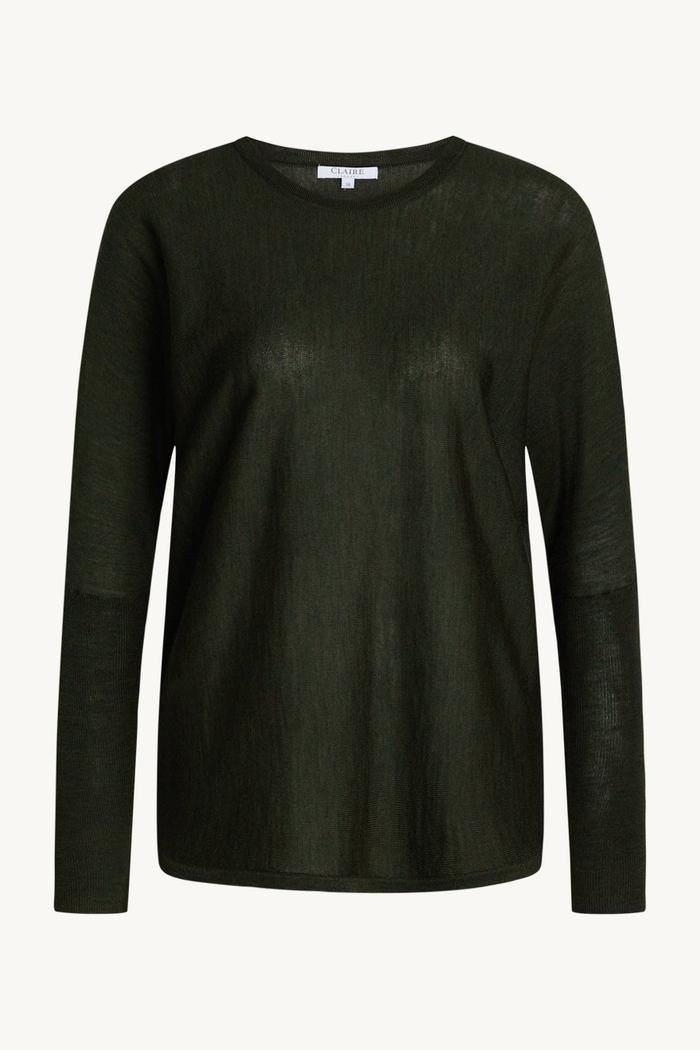 Mørkegrønn pullover i 100% merinoull med rund hals og lange ermer, sett forfra.