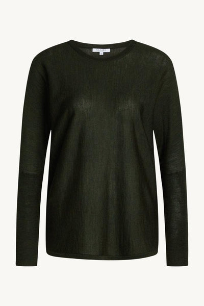 Mørkegrønn pullover i 100% merinoull med rund hals og lange ermer, sett forfra.