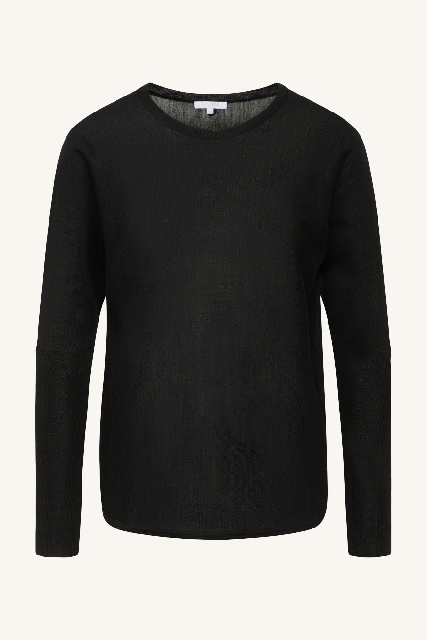Svart pullover i 100% Merino med rund hals og lange ermer, enkel design.