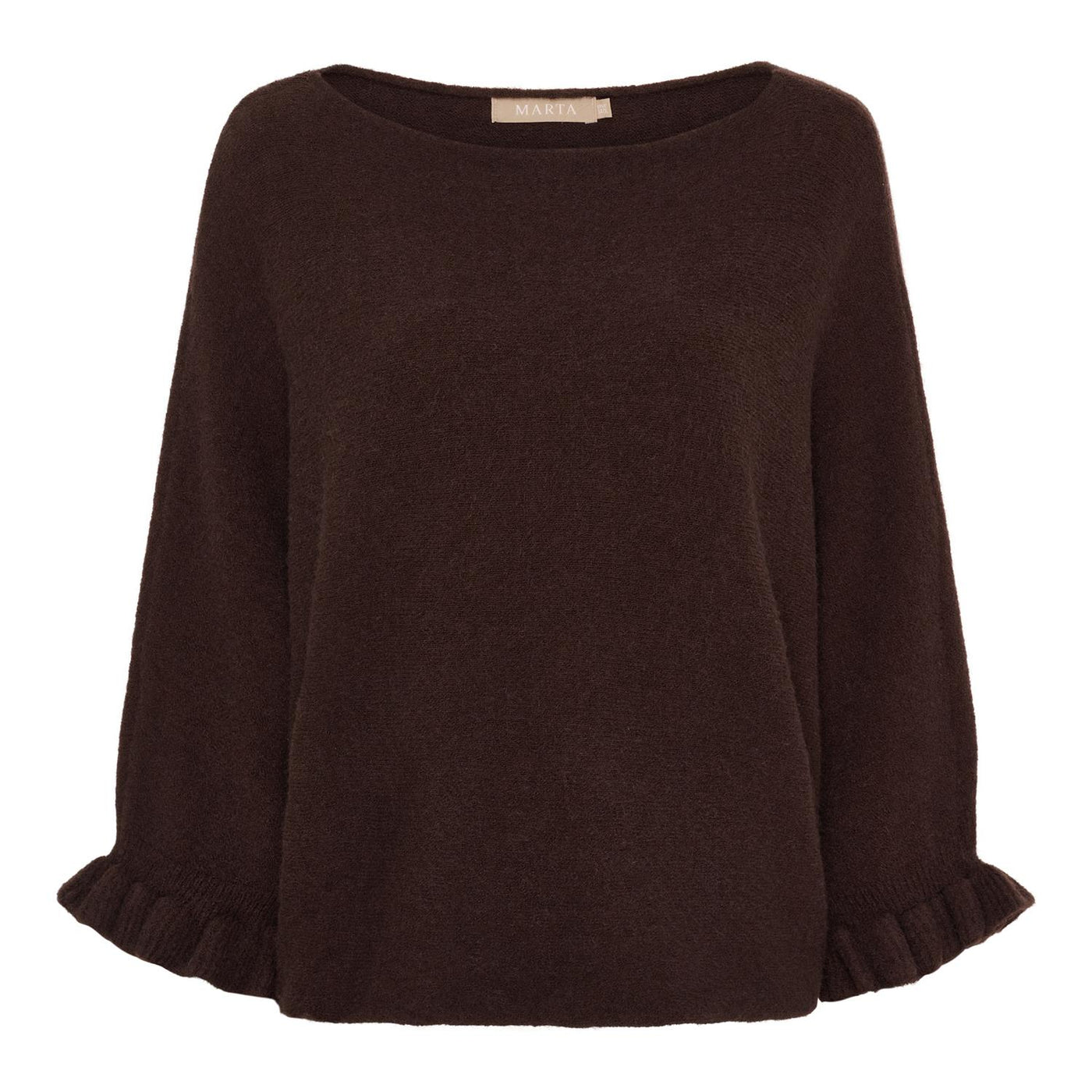 Mørk brun strikkegenser med rund hals, vide ermer og ribbestrikkede kanter. Størrelse "ONE SIZE".