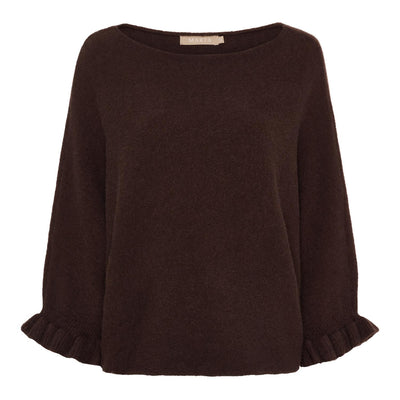 Mørk brun strikkegenser med rund hals, vide ermer og ribbestrikkede kanter. Størrelse "ONE SIZE".