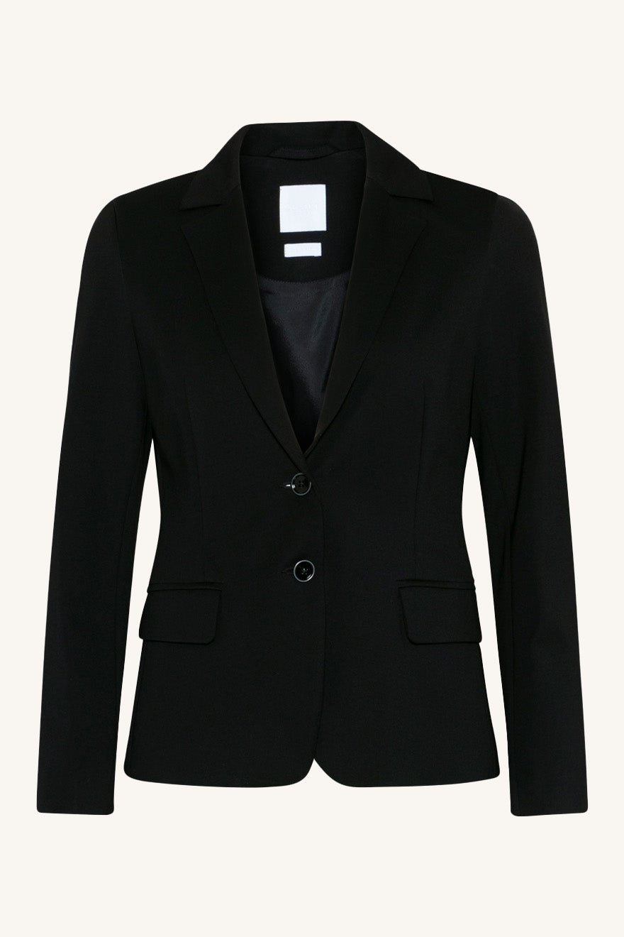 Klassisk svart blazer med to knapper, klafflommer og tre knapper på hver mansjett.