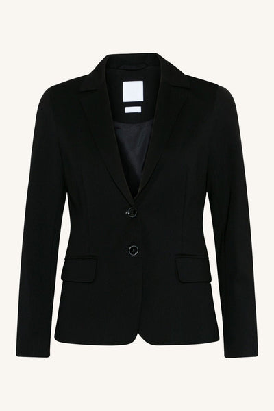 Klassisk svart blazer med to knapper, klafflommer og tre knapper på hver mansjett.