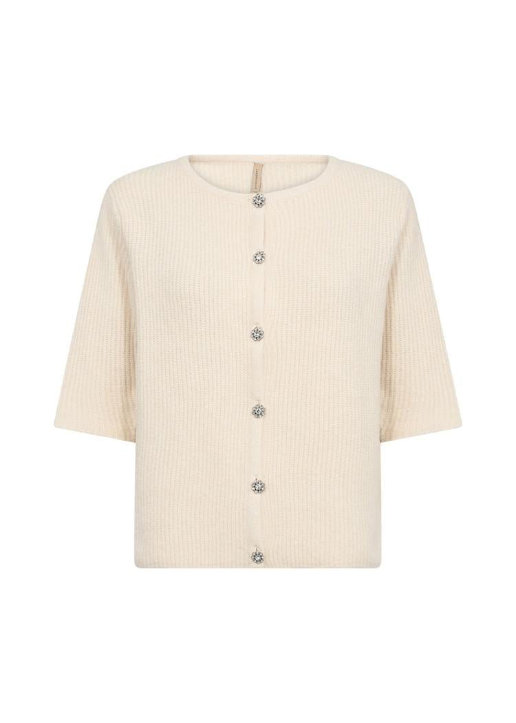 Cardigan med knapper, trekvart ermer og strikket tekstur, lys farge.