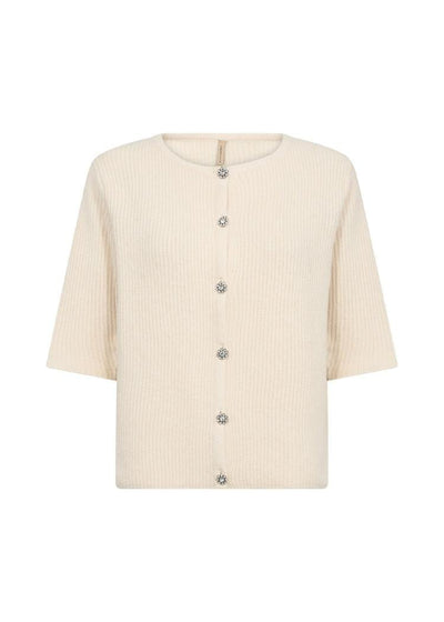 Cardigan med knapper, trekvart ermer og strikket tekstur, lys farge.
