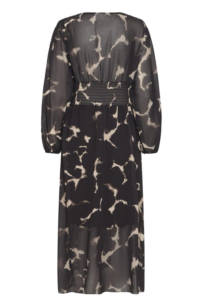 Mønster i mørke og lyse toner, dyp V-utringning, rynket midje, lange ermer.