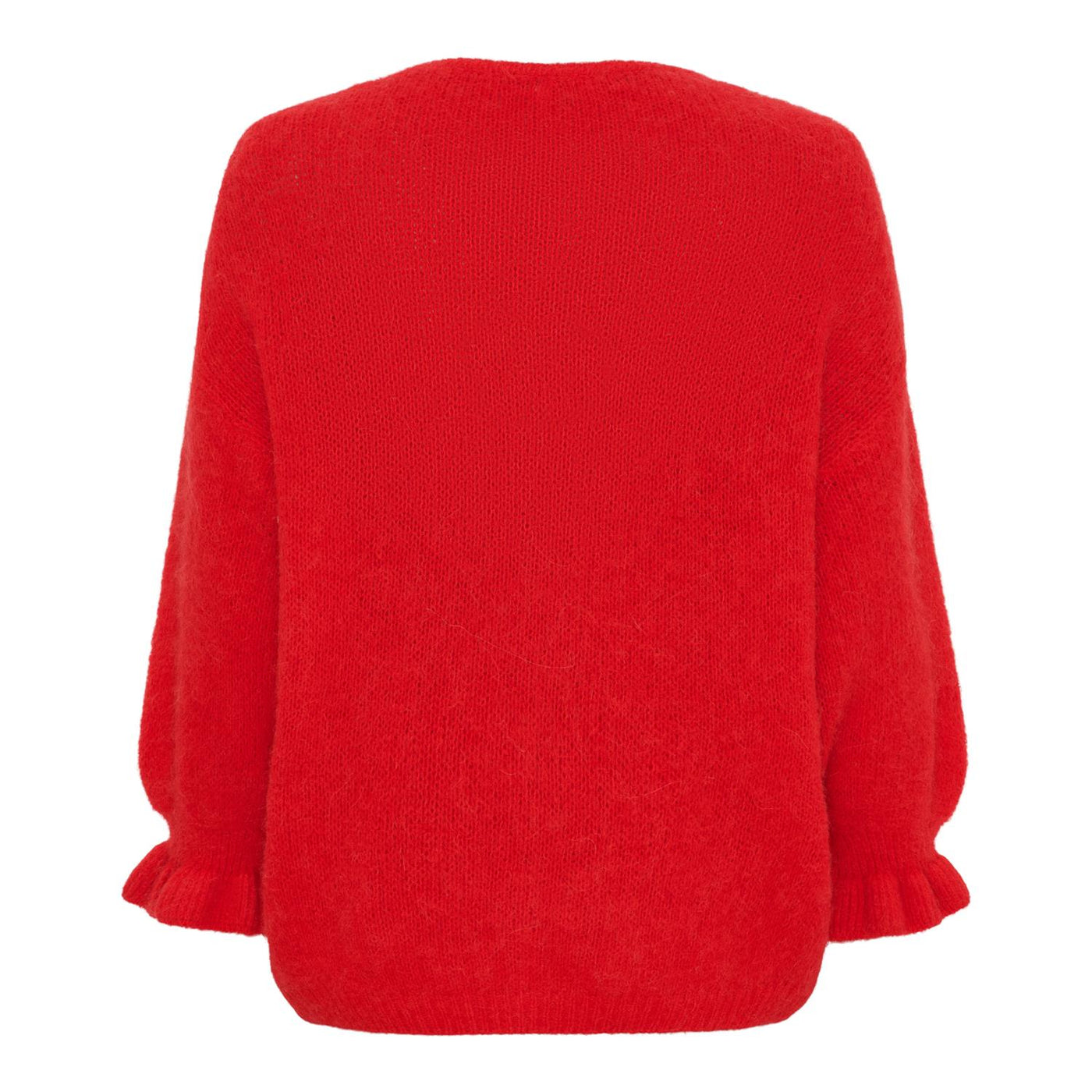 Baksiden av en rød strikkejakke med lange ermer og ribbestrikkede mansjetter. Enkel design.