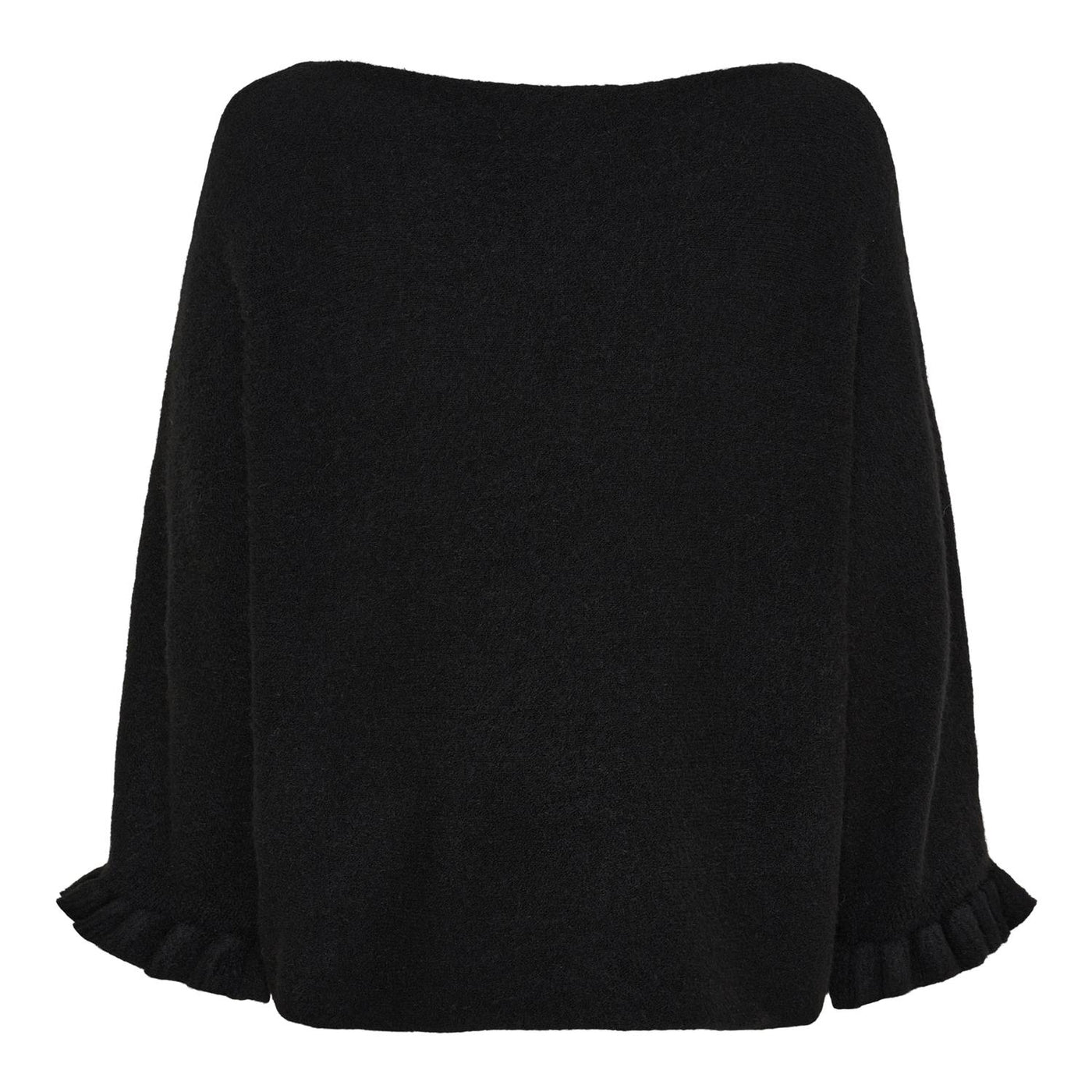 Svart løstsittende genser med vide ermer og rynkede detaljer nederst. Etikett viser "MARTA".