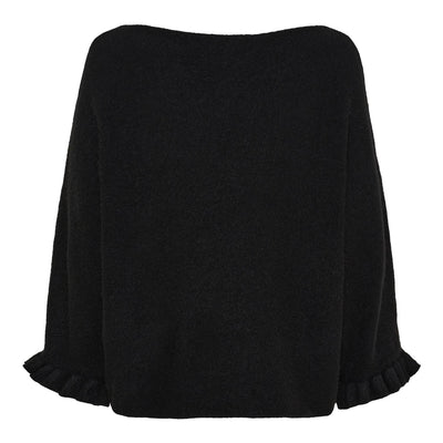 Svart løstsittende genser med vide ermer og rynkede detaljer nederst. Etikett viser "MARTA".