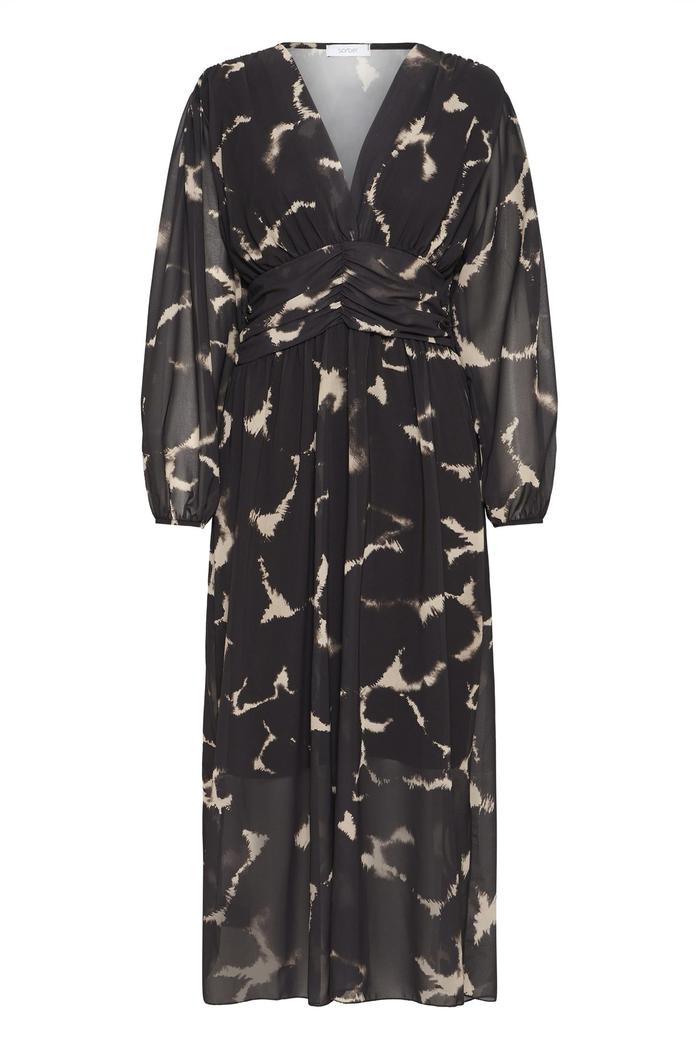 Kjole med mørke og lyse mønstre, dyp V-utringning og rynket midje.