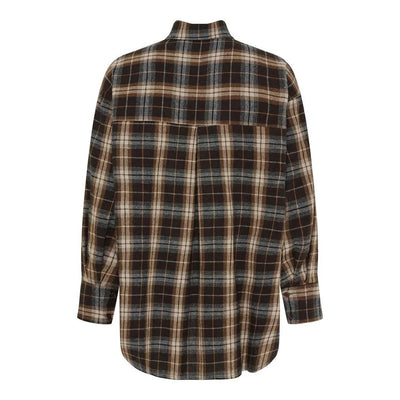 Rutete skjorte i brune, beige, gråtoner. Klassisk krage, lange ermer med knapper bakfra.