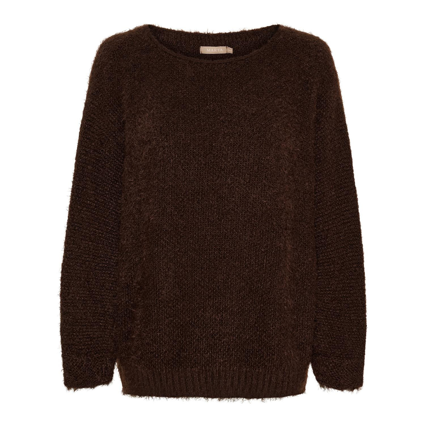 Brun, myk genser uten mønstre. Etikett "MARTA", størrelse S/M.