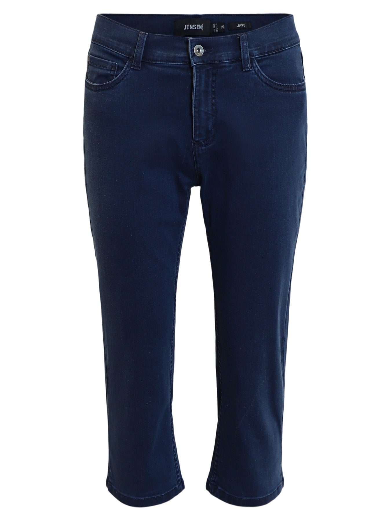 Mørkeblå denim capribukse med fem lommer, knapp og glidelås foran, to baklommer.