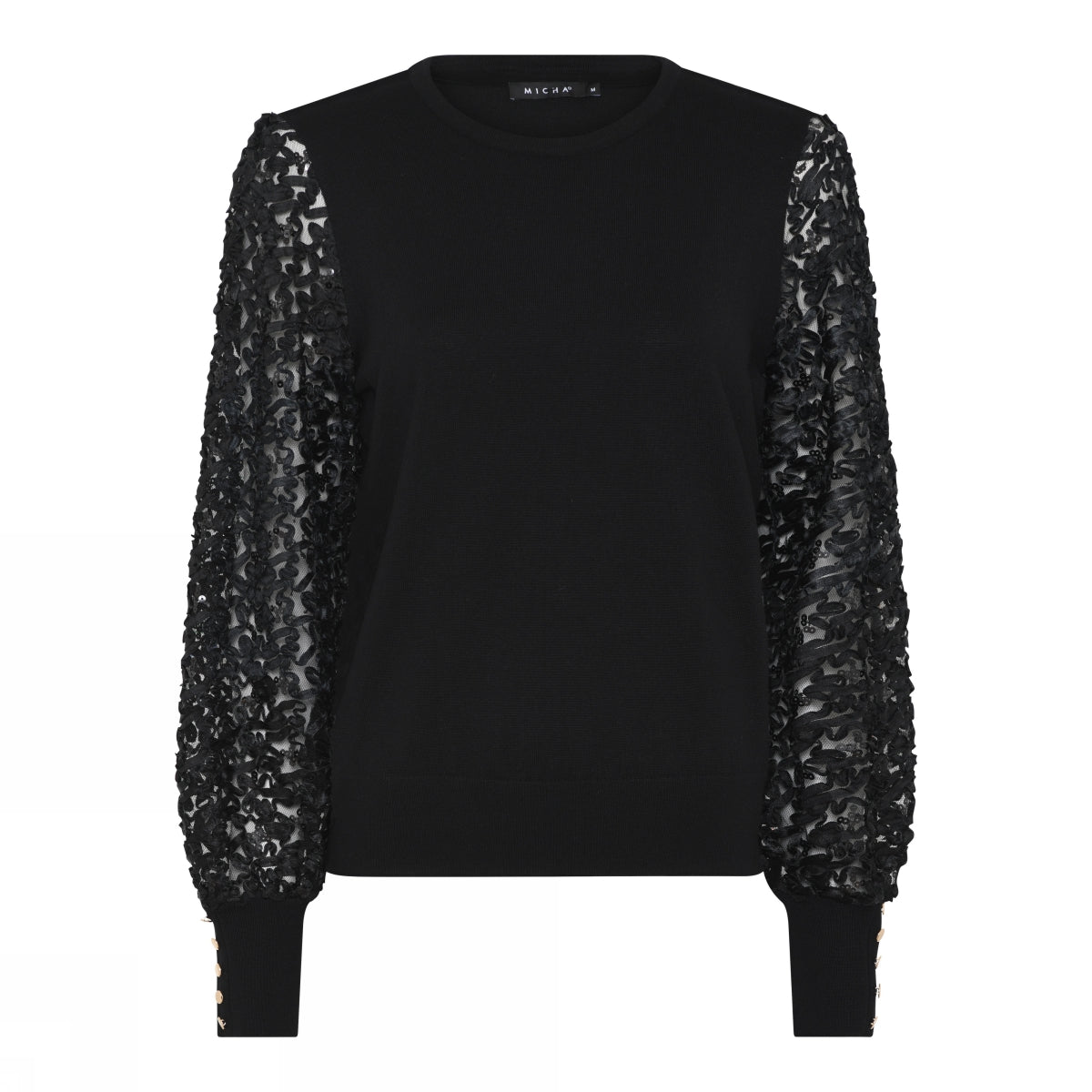 Svart jumper med blomstrete, teksturerte ermer, ribbestrikkede mansjetter med knapper, glatt kropp.