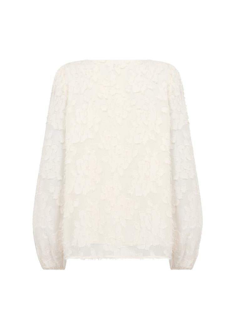 Bluse med blomstrete blonder, voluminøse ermer med elastisk mansjett, og V-hals foran.