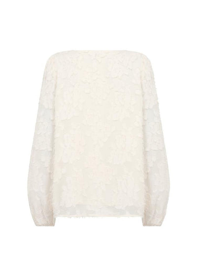Bluse med blomstrete blonder, voluminøse ermer med elastisk mansjett, og V-hals foran.