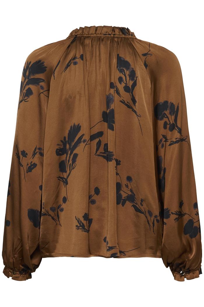 Brun bluse med mørkt blomstermønster, samlet halslinje og knapper foran.