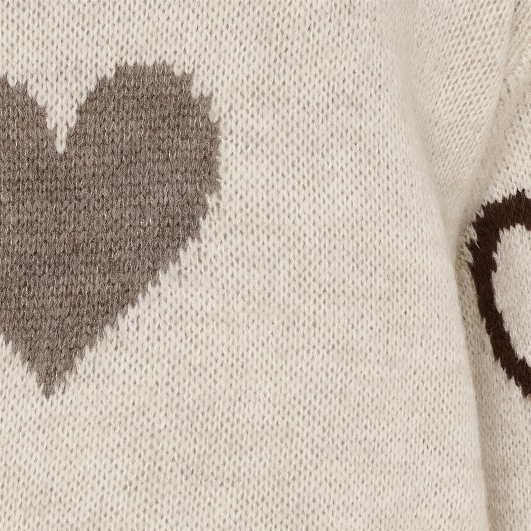 Genser med hjerteformede mønstre i brunt og grått, løs passform, lange ermer, rund hals.