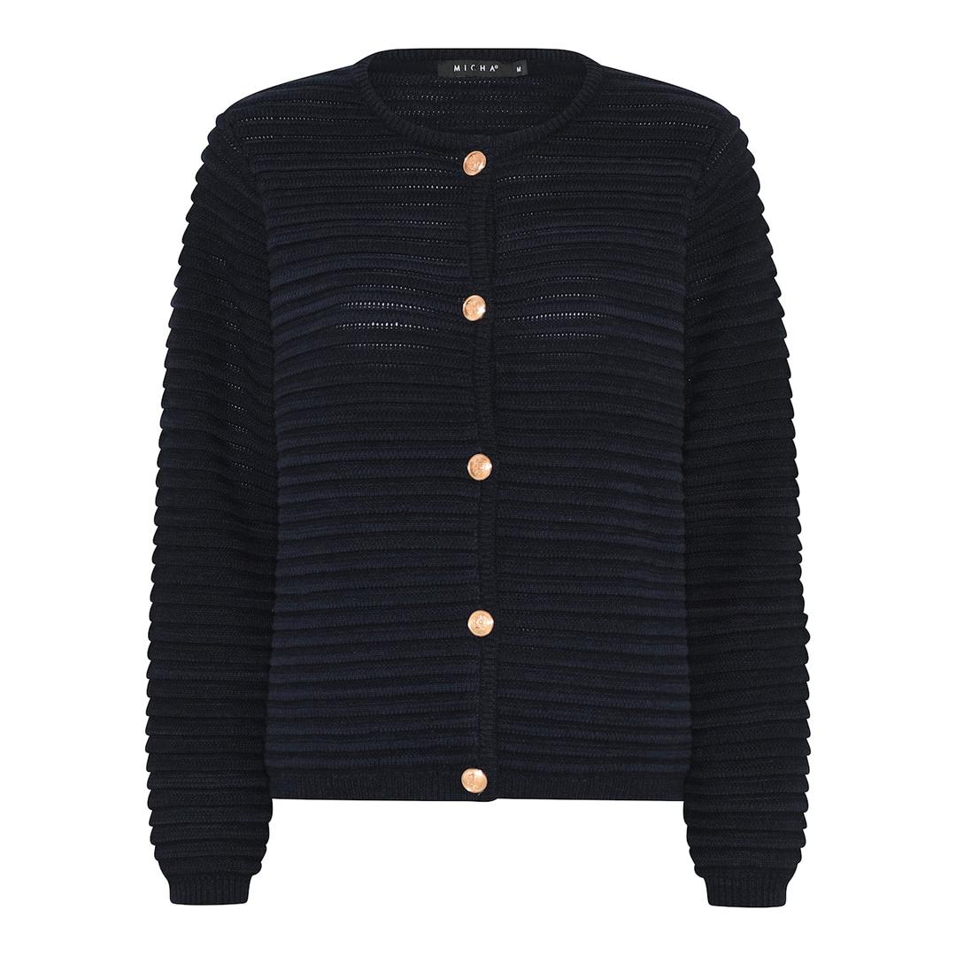Svart, ribbestrikket cardigan med rund hals og gullknapper foran.