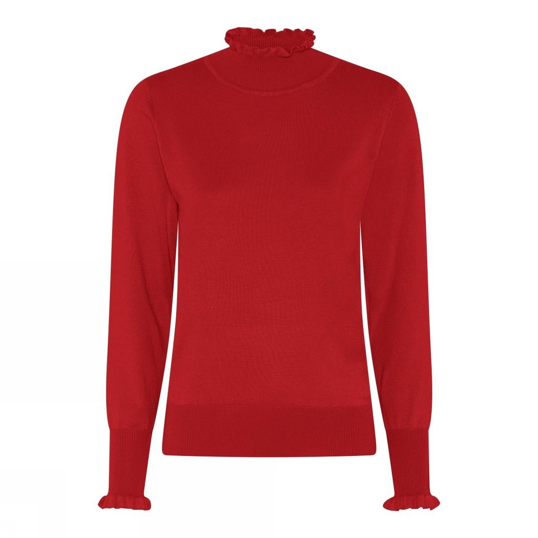 Rød jumper med høy rynket hals og lange ermer med rynkede kanter. Tettsittende og jevn tekstur.