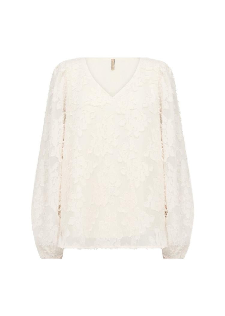 Bluse med blomstrete blonder, voluminøse ermer, elastisk mansjett og V-hals.