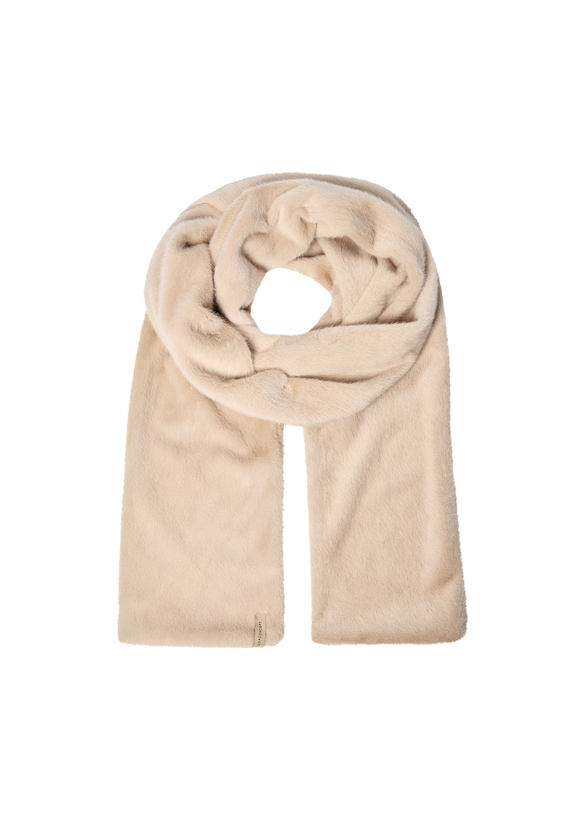 Lys beige skjerf med plysjaktig tekstur, rektangulær form, avrundede kanter.