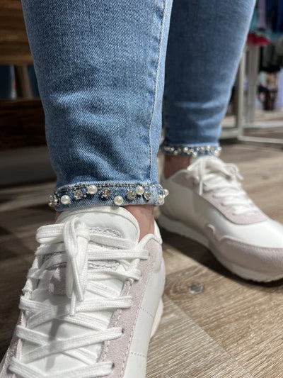 Jeans stretch 7/8 m perlesløyfe