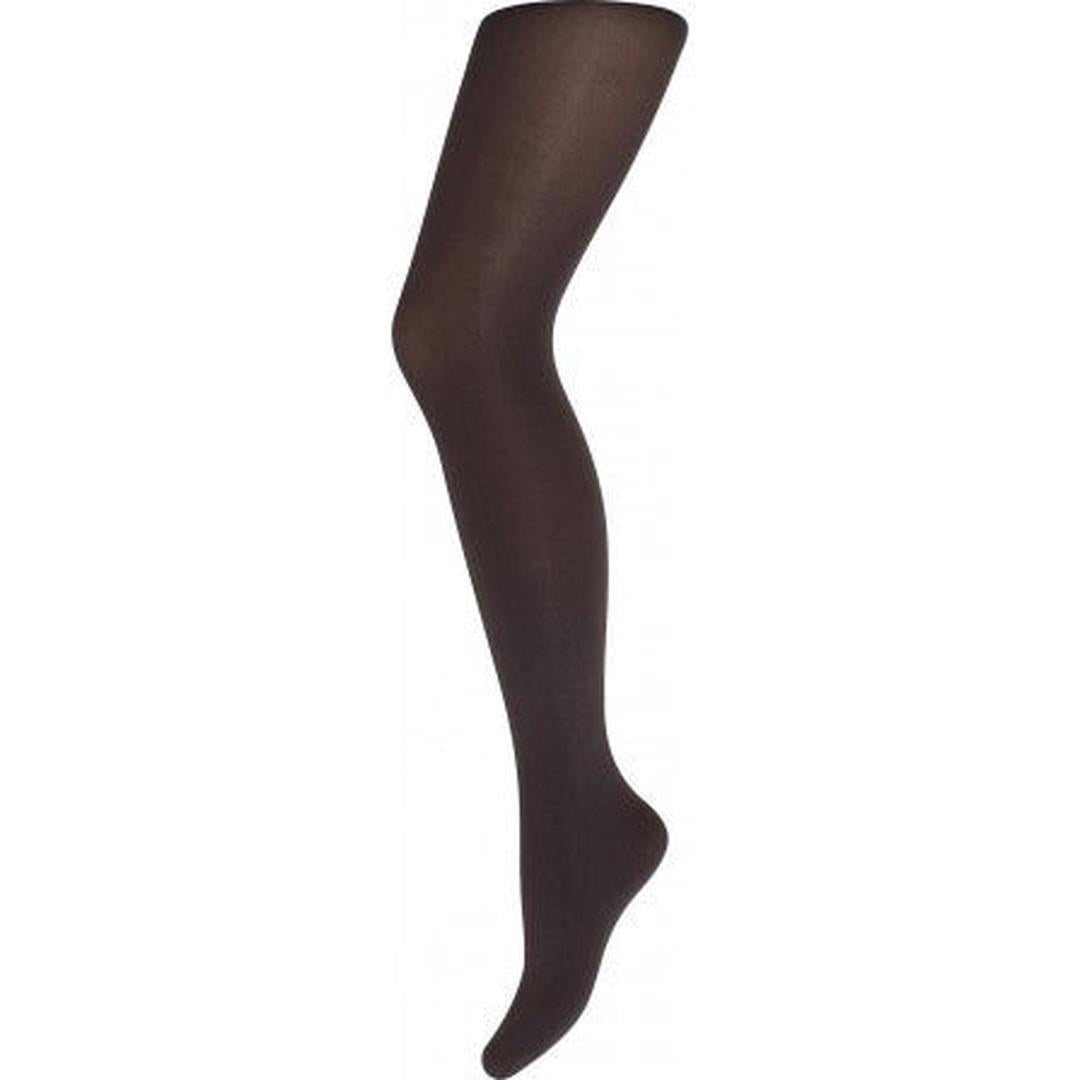Sorte, ugjennomsiktige tights på en mannequin-legg, viser tettsittende passform og ensfarget design.