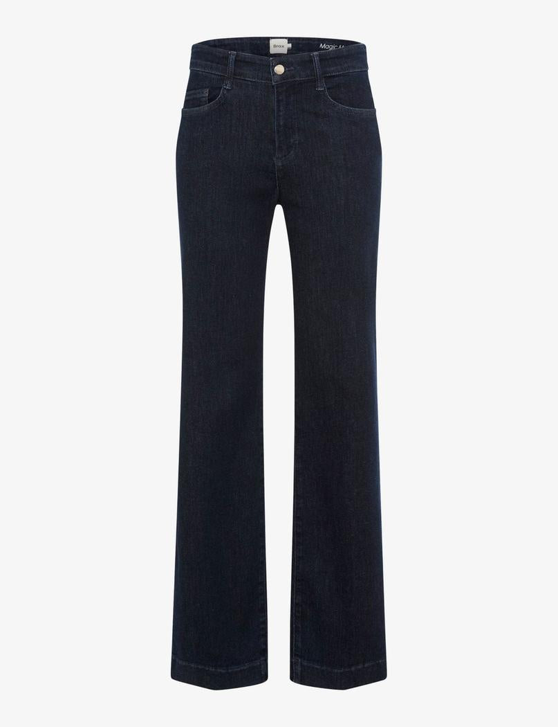 Mørkeblå jeans med rette ben, fem lommer og knappelukking, mot hvit bakgrunn.