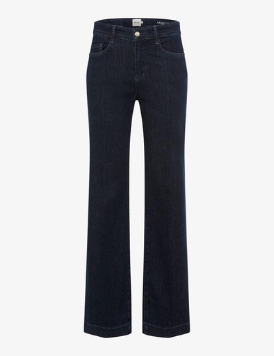Mørkeblå jeans med rette ben, fem lommer og knappelukking, mot hvit bakgrunn.