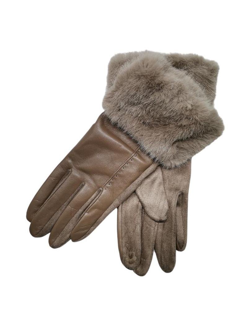 Hansker med myk faux pelskant, glatt ytre og synlige sømmer langs fingrene.