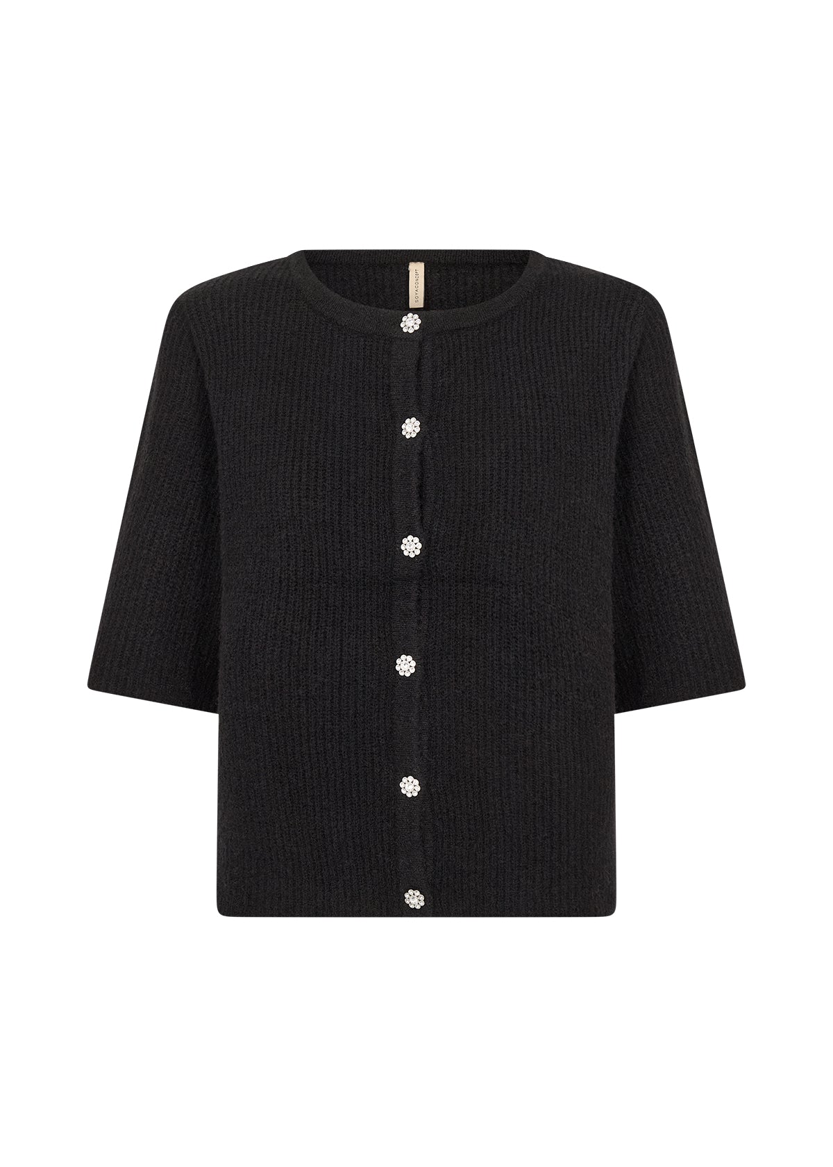 Sort plagg med korte ermer, strikket tekstur og blomsterformede, dekorative knapper.