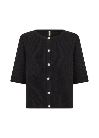 Sort plagg med korte ermer, strikket tekstur og blomsterformede, dekorative knapper.