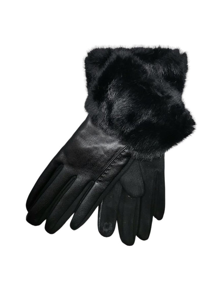 Sorte hansker med fuske pels på mansjetten, skinnlignende overside og myk stoffinnside.