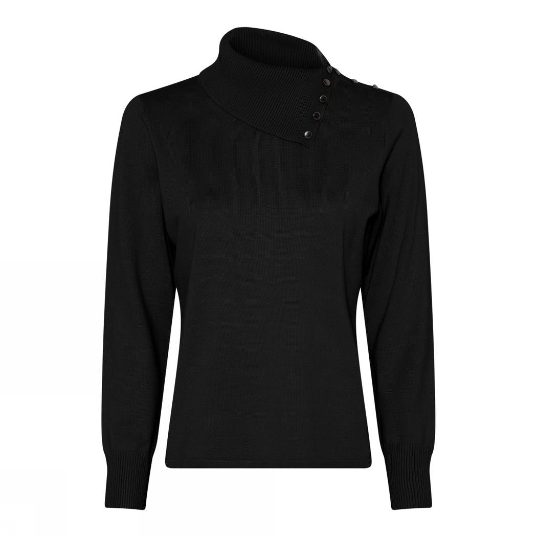 Svart jumper med asymmetrisk design, høy krage, knapper på høyre skulder, lange ermer med ribbede mansjetter.