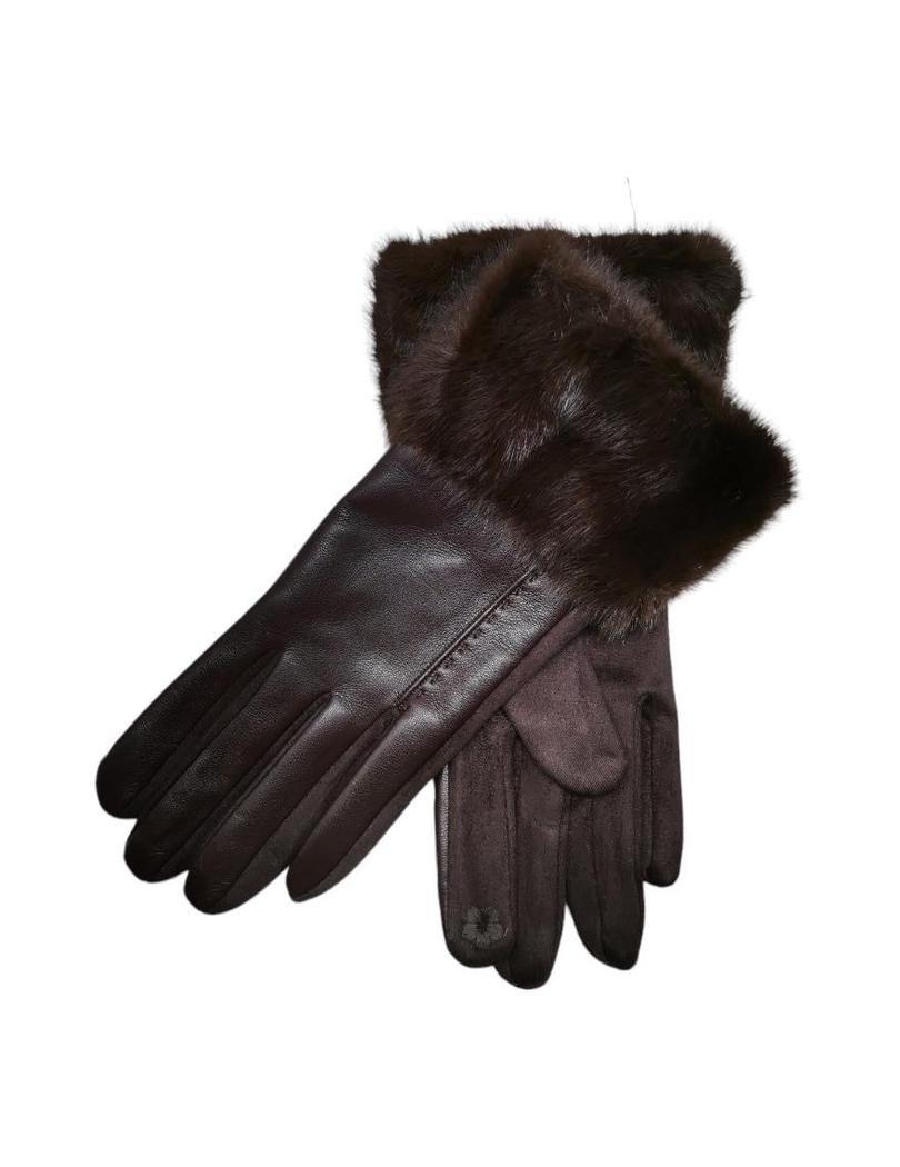 Hansker med glatt overside, suede-lignende underside og fuske pels rundt håndleddet.