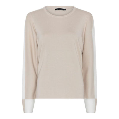 Beige genser med rund hals og lange ermer. Hvite detaljer nederst på ermene.