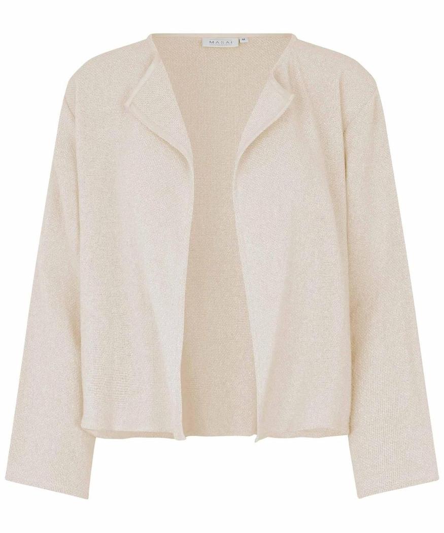 Beige jakke med lange ermer, åpen front, enkelt og elegant design.