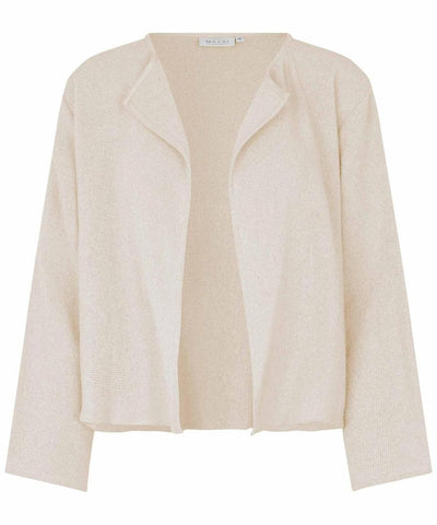 Beige jakke med lange ermer, åpen front, enkelt og elegant design.