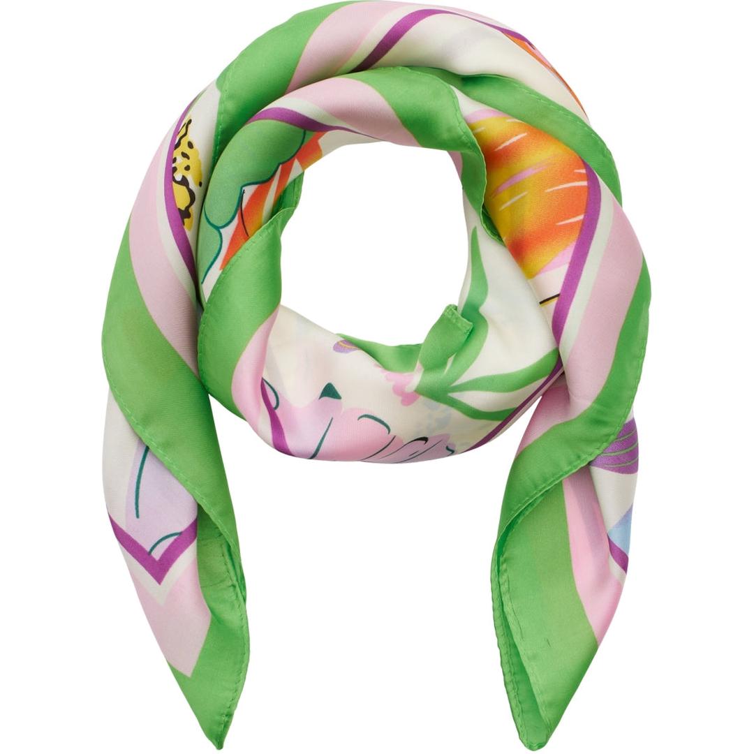 Fargerikt skjerf med grønne, rosa og hvite striper. Har dekorativt mønster med blomster og blader.