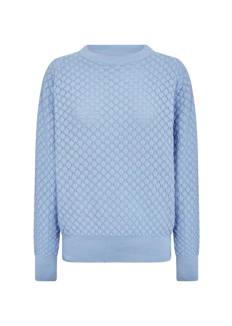 Lys blå genser med geometrisk mønster, ribbestrikkede mansjetter, hals og kant.