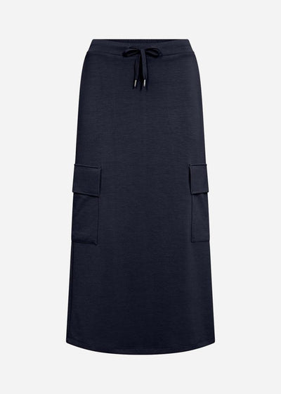 Mørkt skjørt med knytebånd i midjen og store lommer på sidene.