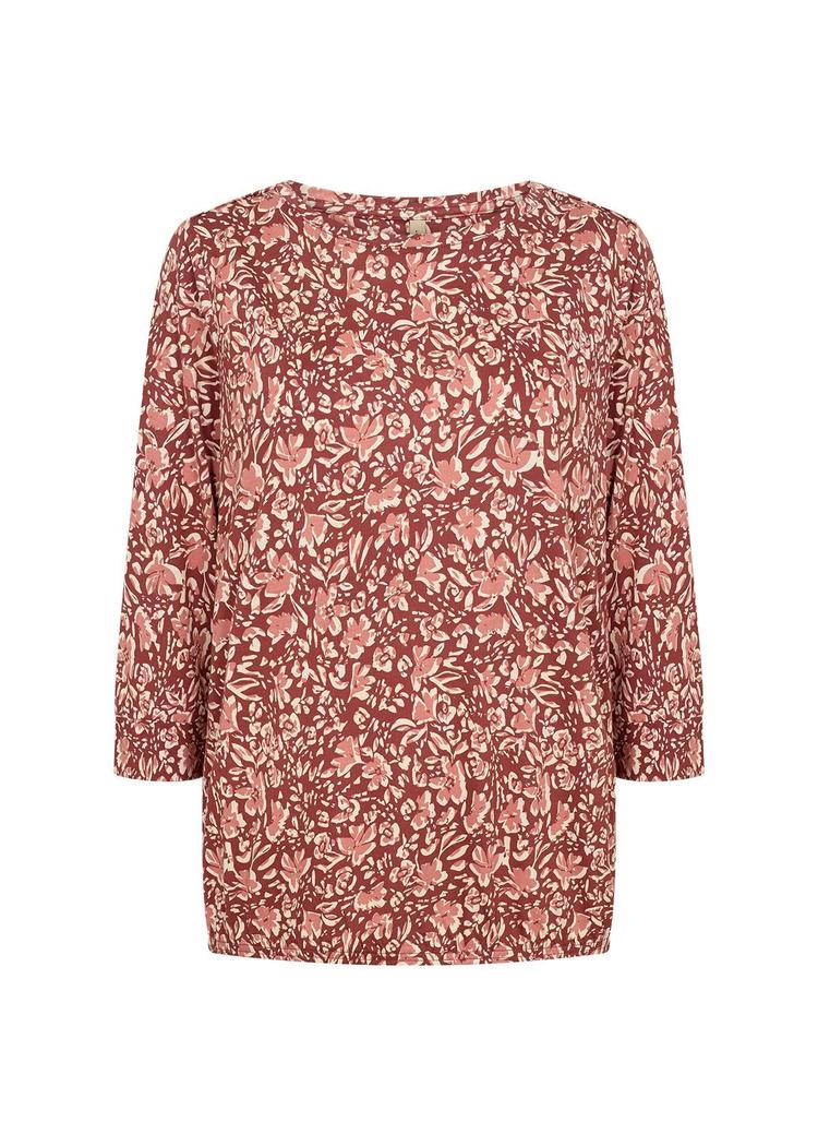 Bluse med blomsterprint i rødt og krem, 3/4 ermer, rett snitt.